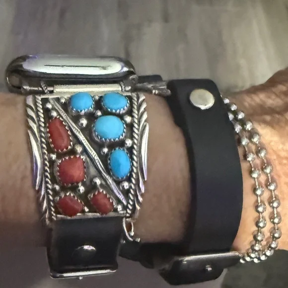APPLE WATCHBAND/SS/Turquoise/Coral Native American - Picture 1 of 6